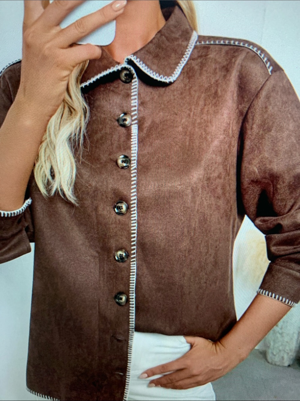 Women's Brown Button-Front Jean Jacket with Contrast Stitching